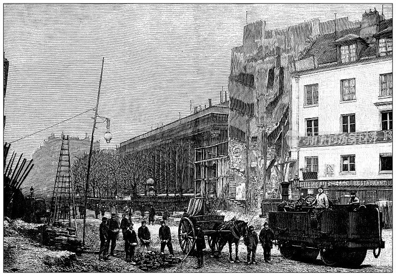 古董插图:Rue reaumur, Roadworks, Paris